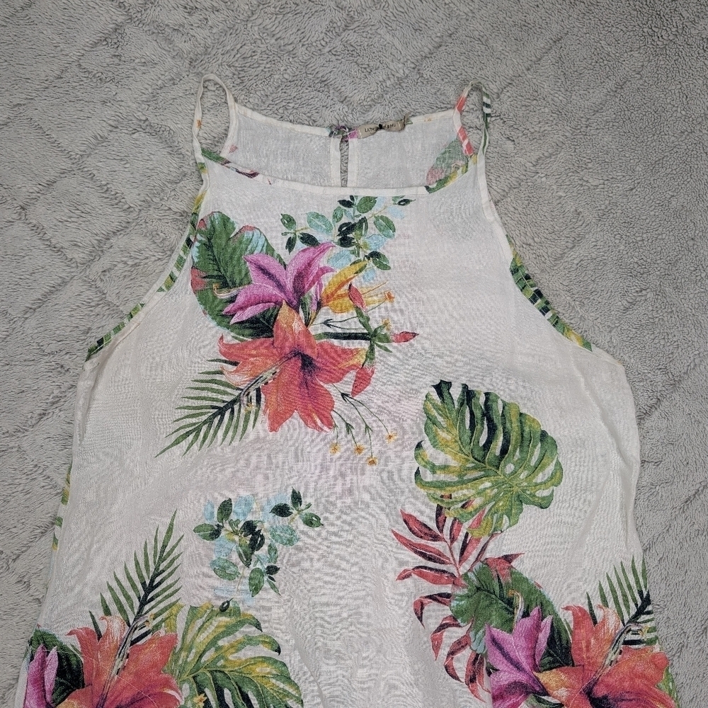 Lungo Larno Dress Dress Womens L White Floral Linen Beach Midi Sleeveless Coast - Picture 2 of 9